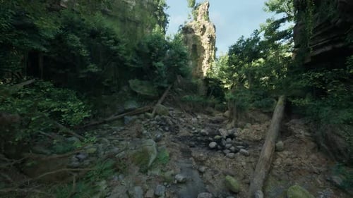 A Serene Forest Landscape with Majestic Rocks and Vibrant Trees Mountain Path