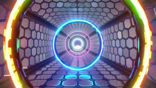 Futuristic Neon Hexagon Tunnel with Glowing Rainbow Rings Lo