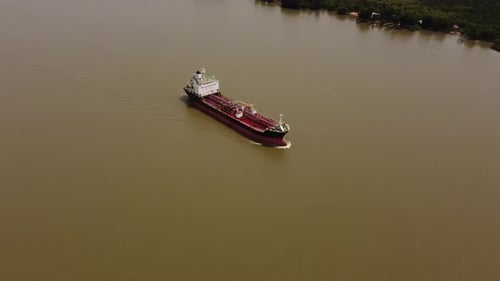 Panoramic Approaching View Of Large Cargo Ship Of Oil Products Tanker Sailing By Amazon River