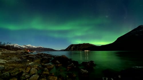 Timelapse view of green northern lights reflected over calm Grotfjord in Norway