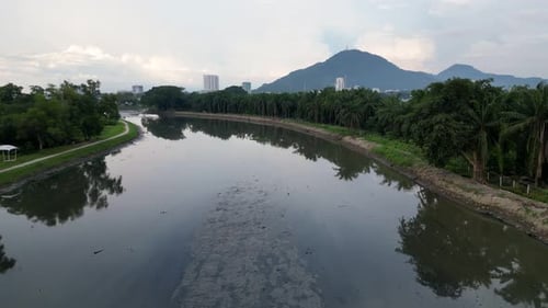 Aerial view dark muddy river
