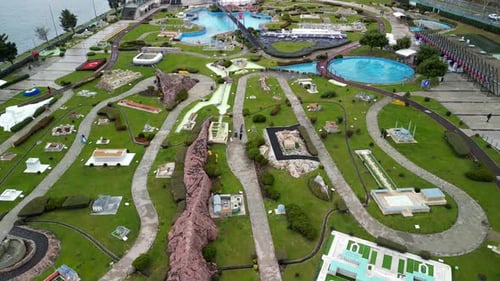 Miniaturk miniature park in Istanbul, side to side fly over shot