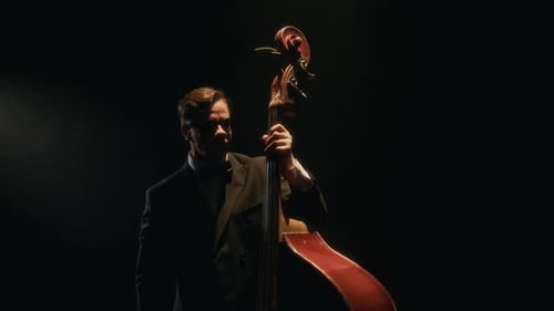Man Plays Standup Bass in Dark Studio