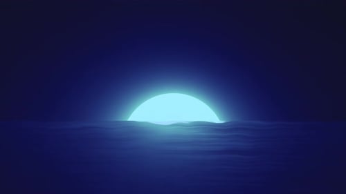 Abstract blue moon over sea and horizon with reflections background