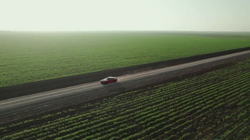 Cinematic aerial following red colored sports racing car moving along the road through vast agricult
