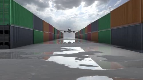 Commercial Airplane Flying Over Shipping Containers for Logistics and Transport