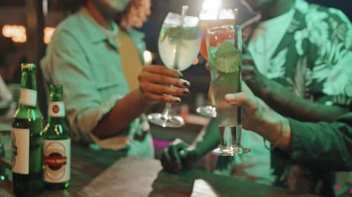 People Toasting Drinks at Night at the Bar
