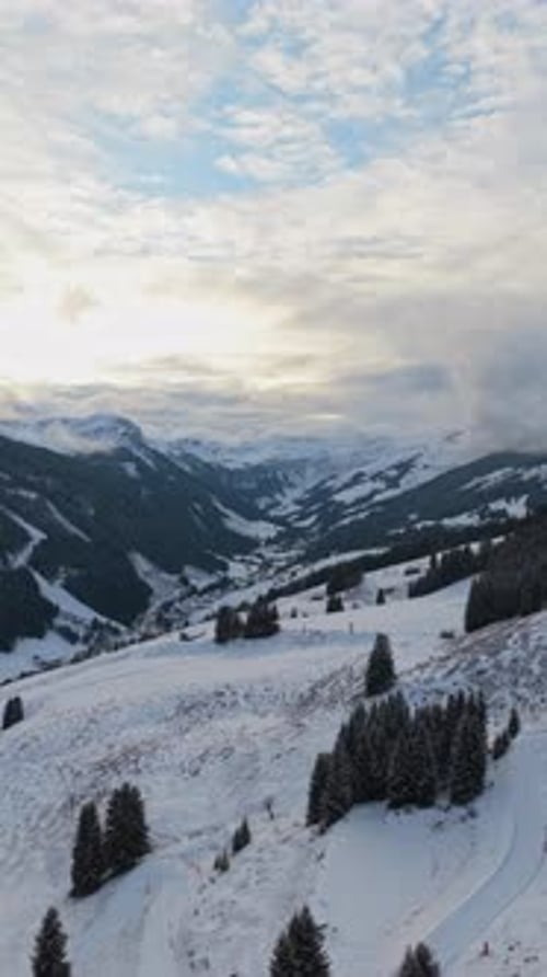 Static Vertical Aerial Video of Snowy Alpine Valley with Ski Slopes and Pine Forests During a Winter