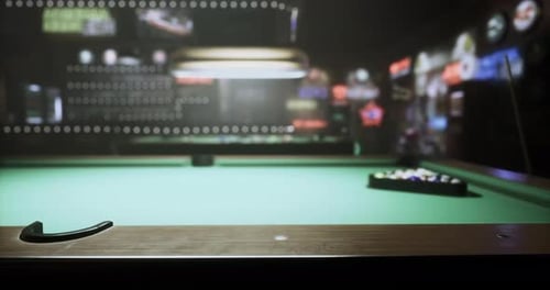 Pool Table Ready for a Game at a Busy Bar in the Evening Atmosphere