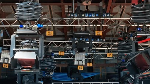 Close up of studio lights equipment on the ceiling of a TV set