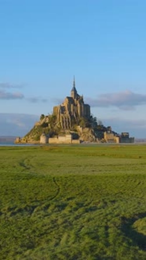 Aerial View of the World Famous Mont Saint Michel Cathedral in Normandy One of France's Most Visited