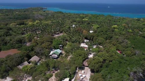 El Pueblito Island, Rosario Islands Archipelago in Caribbean Sea, Colombia. Drone Aerial View of Lan