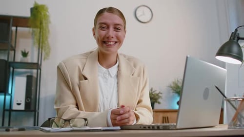 Business Smiling Woman Closing Laptop Computer After Finishing Online Work Remote Job From Office