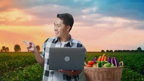Asiatischer männlicher Bauer mit Gemüsekorb, Laptop und zur Seite zeigend im Feld