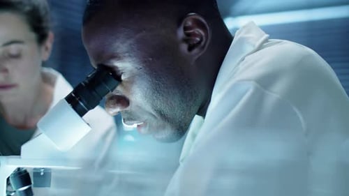 Scientist Doing Lab Research with Female Assistant