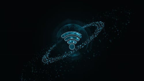 Blue WIFI logo with particle ring circle rotation and earth sphere with ai technology icons