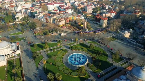 Aerial drone view of Istanbul, Turkey. Hagia Sophia gardens, residential buildings, roads