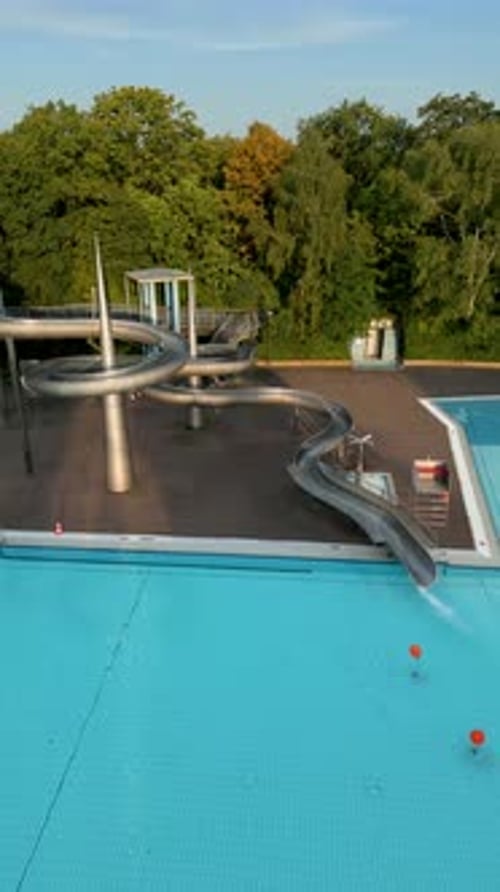 Aerial view of public pools and slides, Germany.