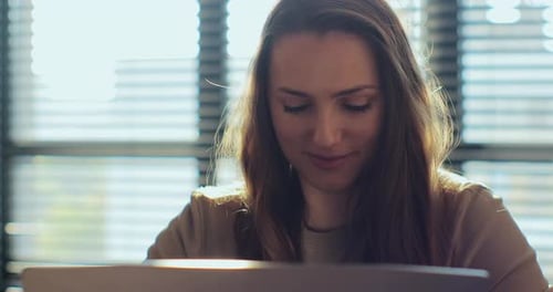 Woman Remote Job From Home Office Typing Laptop Female Browsing Internet Using Laptop Computer at