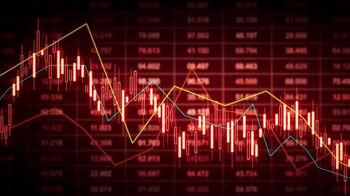 Looping 3D red candlestick chart with trend lines and grid numbers