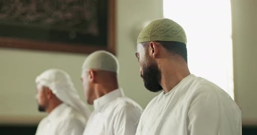 Support, people and group prayer in Mosque for peace, faith and gratitude to Allah in holy temple