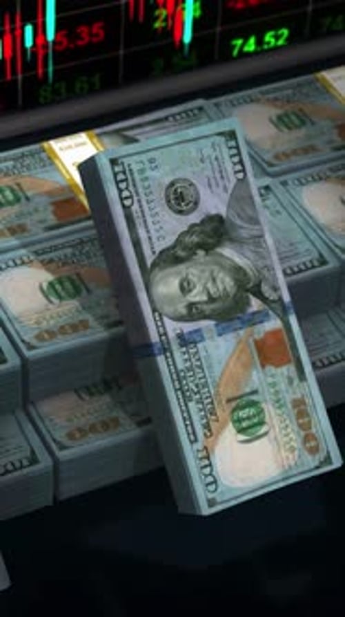 Dollar Bills Stacks Standing Financial Market Chart Background Vertical