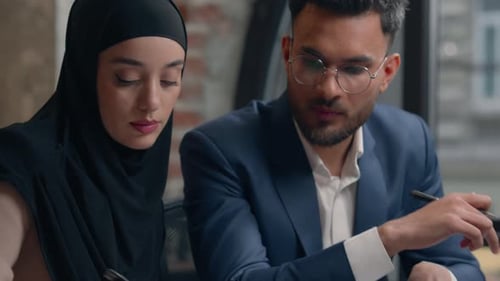 Multiracial Male Female Coworkers Arabian Man Woman Girl Guy Office Colleagues Business Partners