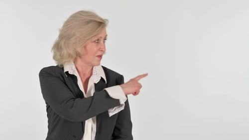 Pointing Business Woman Showing Copyspace on White Background