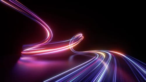 Dynamic lines glowing in the dark room with floor reflection.