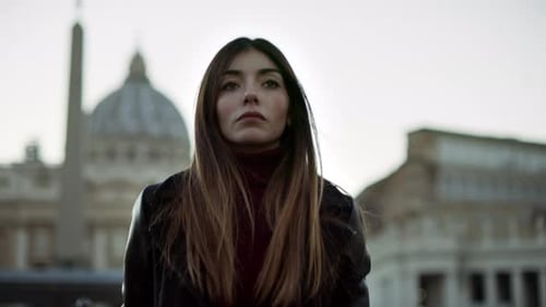 Fashionable Italian Woman Walking In St. Peter'S Square In The Vatican At Christmas, With Soft Su...