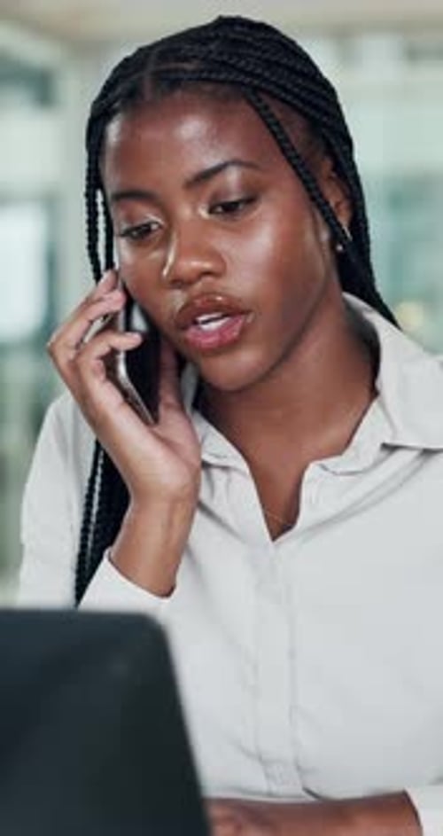 Woman, talk or phone call in office with laptop for b2b networking, planning or communication