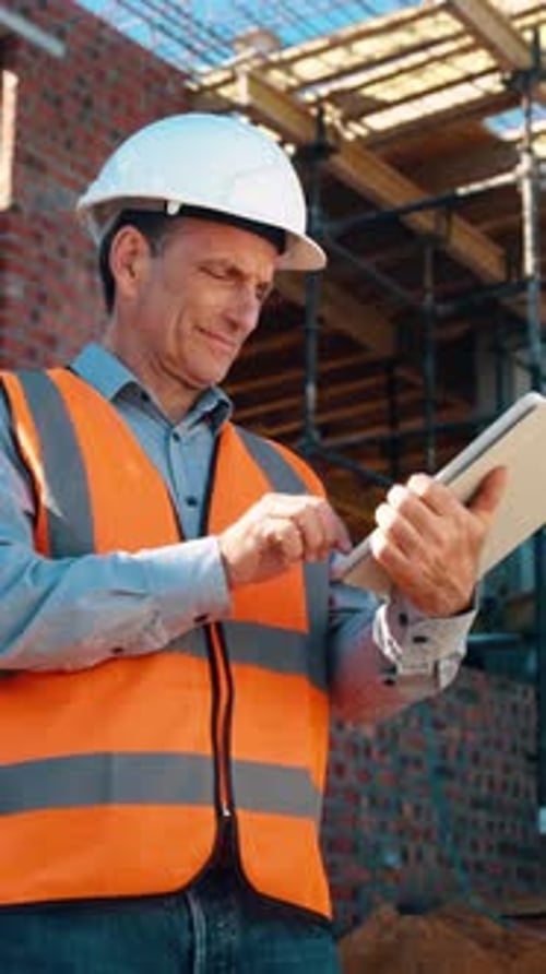 Sitio de construcción, hombre e ingeniero con tableta para informar sobre la construcción, cumplir con las normas de seguridad o escribir