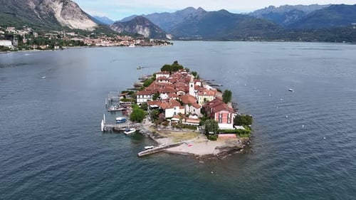 Aerial shot of Fishermen's Island (Isola dei Pescatori) on Lake Maggiore, Italy
