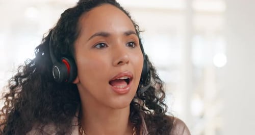 Call center, phone and crm, woman at customer service agency with headset in advisory office