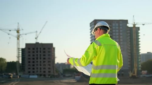 Construction Engineer Examining Plans at a Building Site