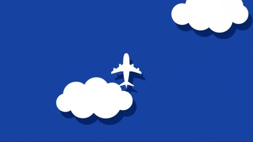Flat Design Airplane Flying Through Animated Clouds