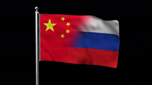 Seamless Blend Waving Flags of China and Russia on a Flagpole