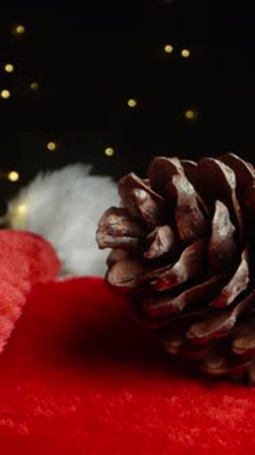 Vertical video. A pinecone lies on Santa's hat with a distant view of a flickering garland in the ba
