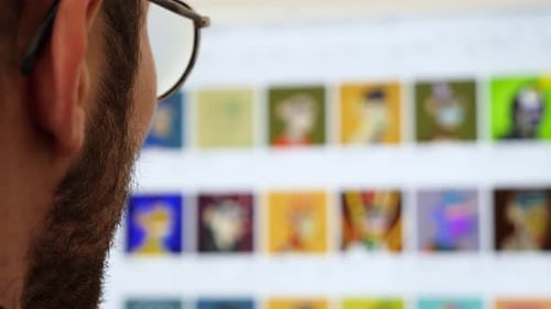 Bärtiger Mann auf der Suche nach einem NFT-Affen für digitale Kunst, selektiver Fokus aus nächster Nähe