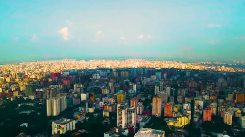 Dhaka city and the skyline with room for copy space, drone descending shot of capital of Bangladesh