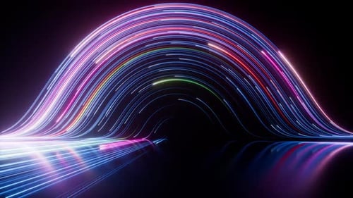 Abstract black background with pink and blue neon glowing lines that move into the distance.