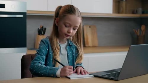 Remote Elearning at Home Kitchen Adolescent Schoolgirl Caucasian Little Child School Girl Studying