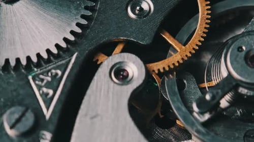 Clock Mechanism Rotates CloseUp Detailed View Inside Stopwatch