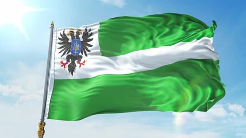 Waving Green and White Flag with Black Eagle Coat of Arms