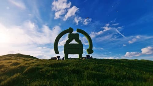 Icono de reciclaje de plásticos, hojas cubiertas, energía limpia, fondo
