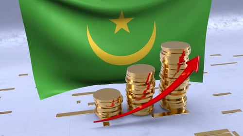 Mauritania Flag With Gold Coins Tower And Up Arrow