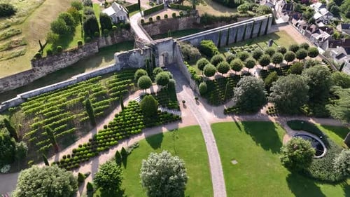Drone shot of the gardens at Chateau d'Amboise in Amboise, Loire Valley, France