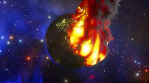 Earth Exploding and Transforming into Fiery Sphere in Cosmic Space