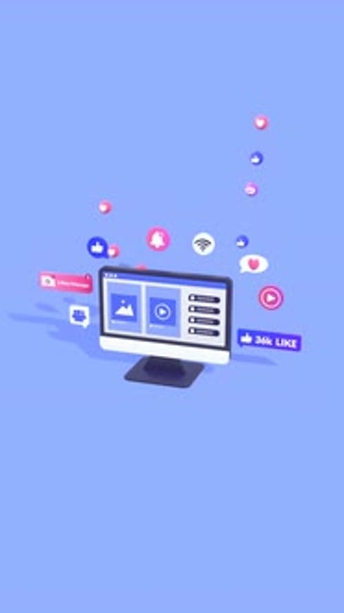 Animated Computer Monitor with Social Media Icons in Vertical Video Format.
