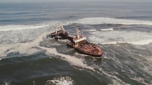 Aerial Drone View of Zeila Shipwreck in Ocean Skeleton Coast in NamibiaAfrica